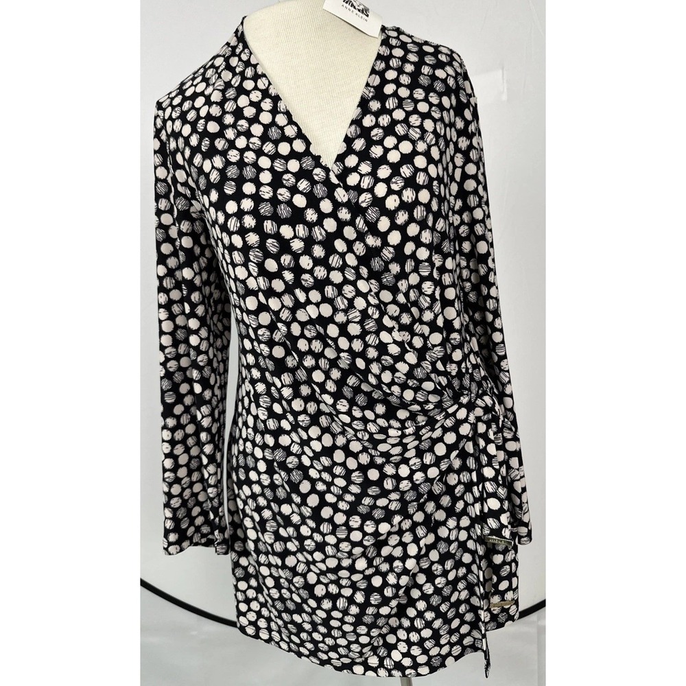 Anne Klein Polka Black Cream Dots Faux Wrap Dress Women's Sz Large Long Slv NWT
